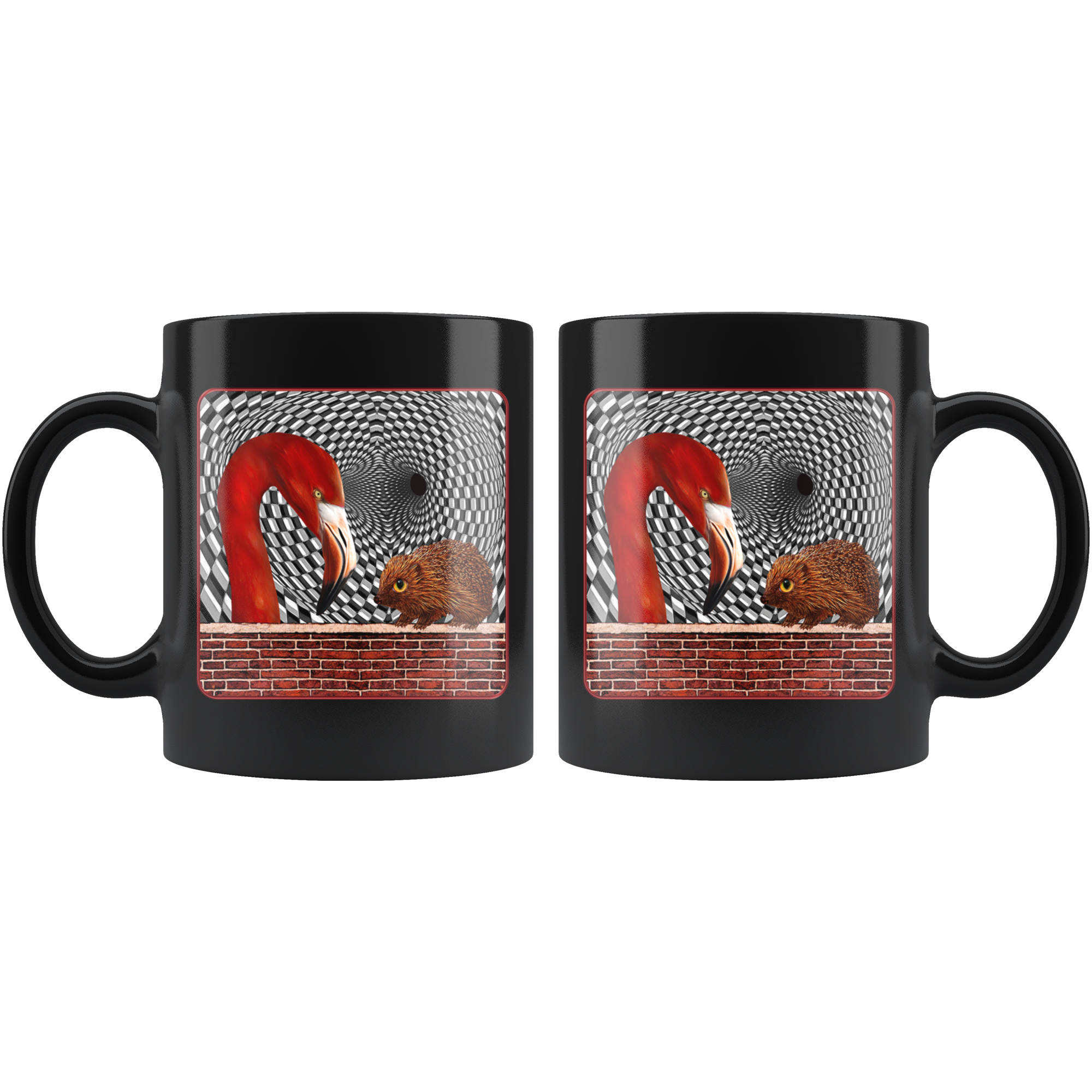 The Hedgehog and the Flamingo - 11 oz black mug